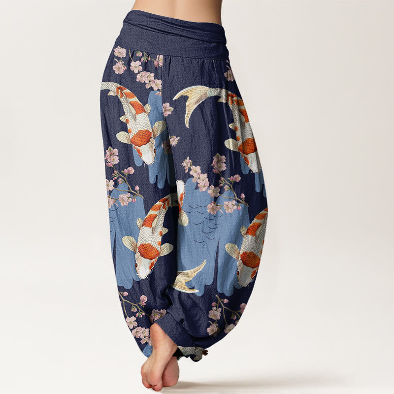 Cotton Casual Koi Fish Cherry Blossom Pattern Women's Elastic Waist Harem Pants