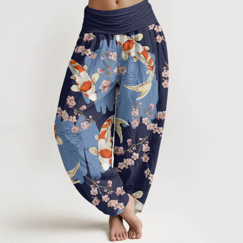 Cotton Casual Koi Fish Cherry Blossom Pattern Women's Elastic Waist Harem Pants