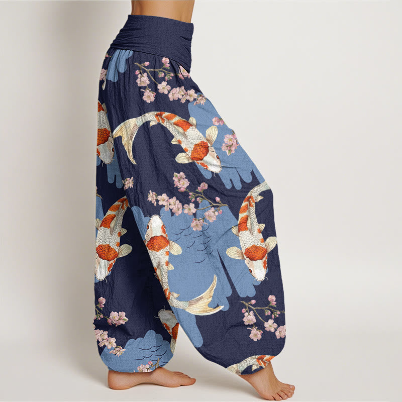 Cotton Casual Koi Fish Cherry Blossom Pattern Women's Elastic Waist Harem Pants