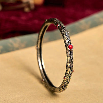 Vintage Tang Dynasty Flower Design Engraved Red Agate Copper Luck Bracelet Bangle