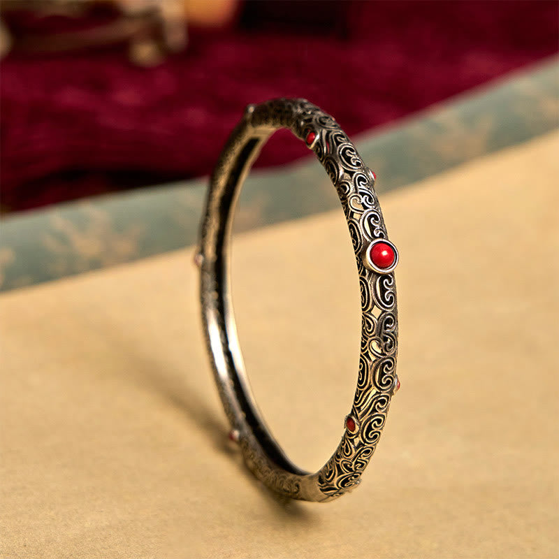 Vintage Tang Dynasty Flower Design Engraved Red Agate Copper Luck Bracelet Bangle