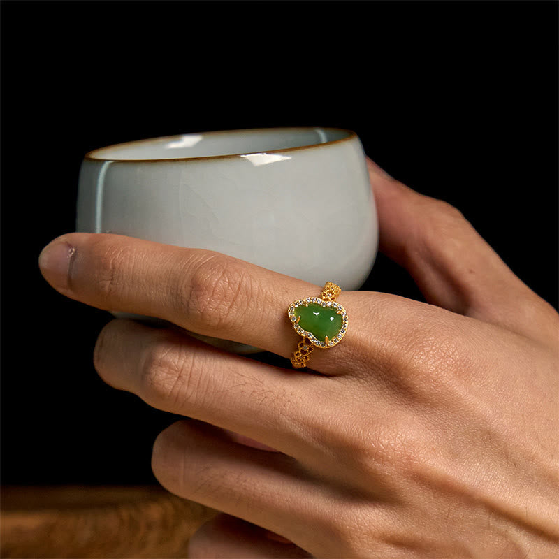 Vintage Gourd Green Chalcedony Copper Plated Gold Adjustable Wealth Ring