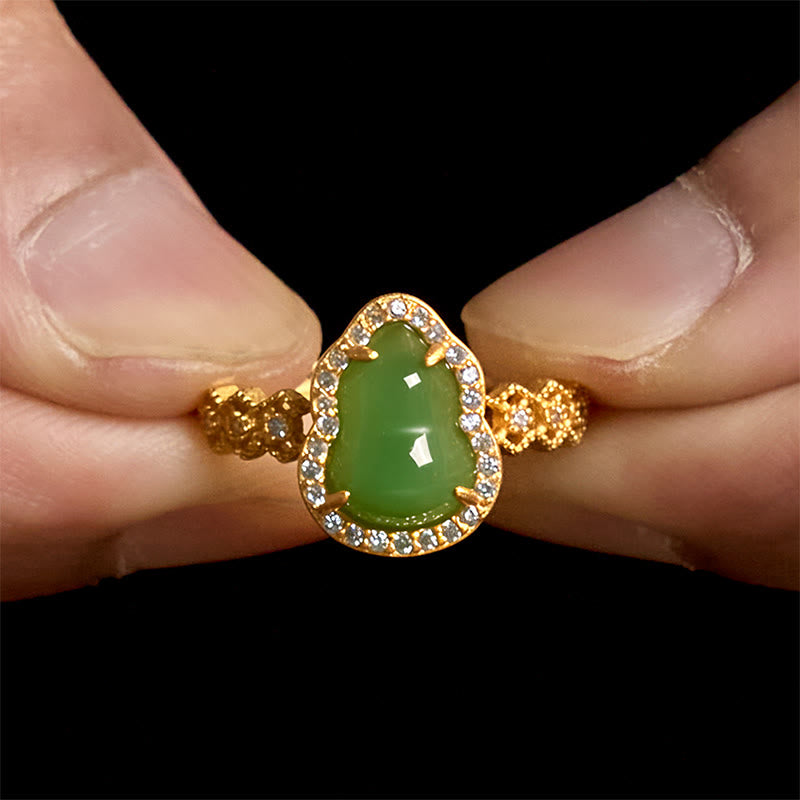 Vintage Gourd Green Chalcedony Copper Plated Gold Adjustable Wealth Ring