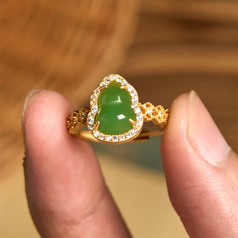 Vintage Gourd Green Chalcedony Copper Plated Gold Adjustable Wealth Ring