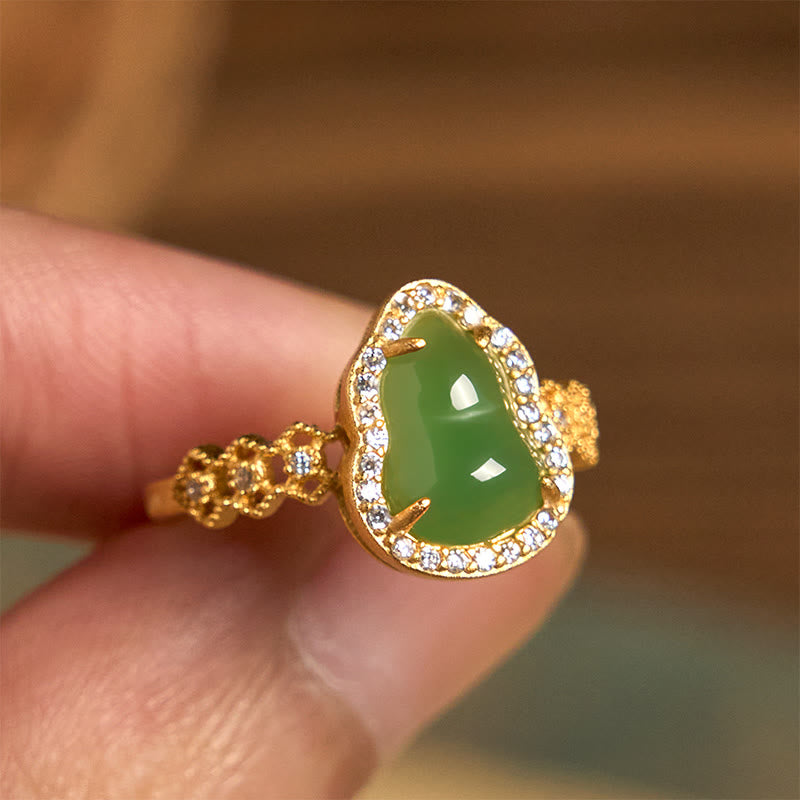 Vintage Gourd Green Chalcedony Copper Plated Gold Adjustable Wealth Ring