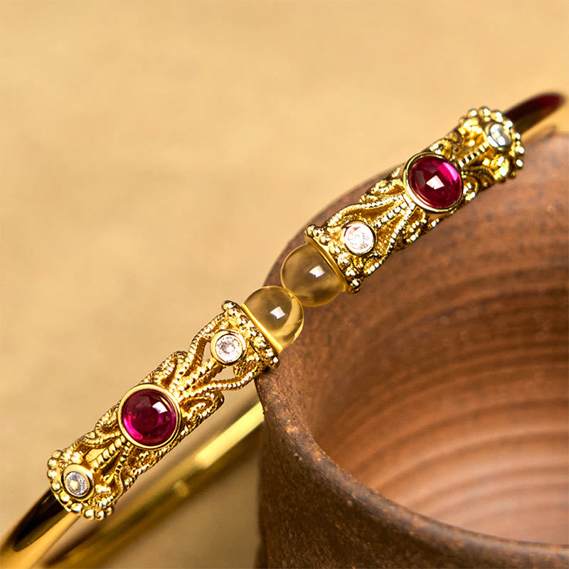 Golden Flower Pattern Red Zircon Amber Copper Luck Cuff Bracelet Bangle