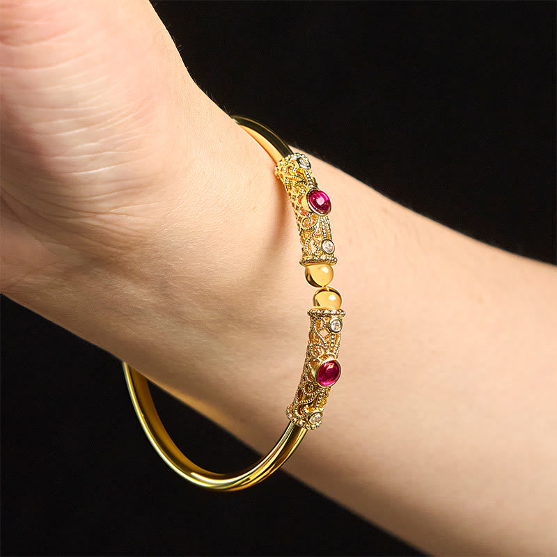 Golden Flower Pattern Red Zircon Amber Copper Luck Cuff Bracelet Bangle