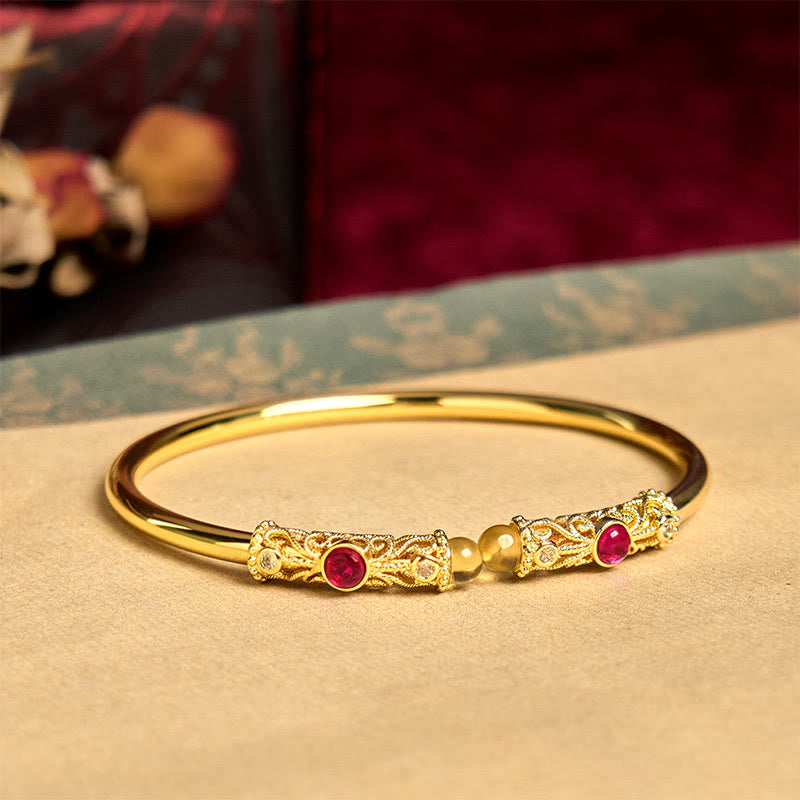 Golden Flower Pattern Red Zircon Amber Copper Luck Cuff Bracelet Bangle