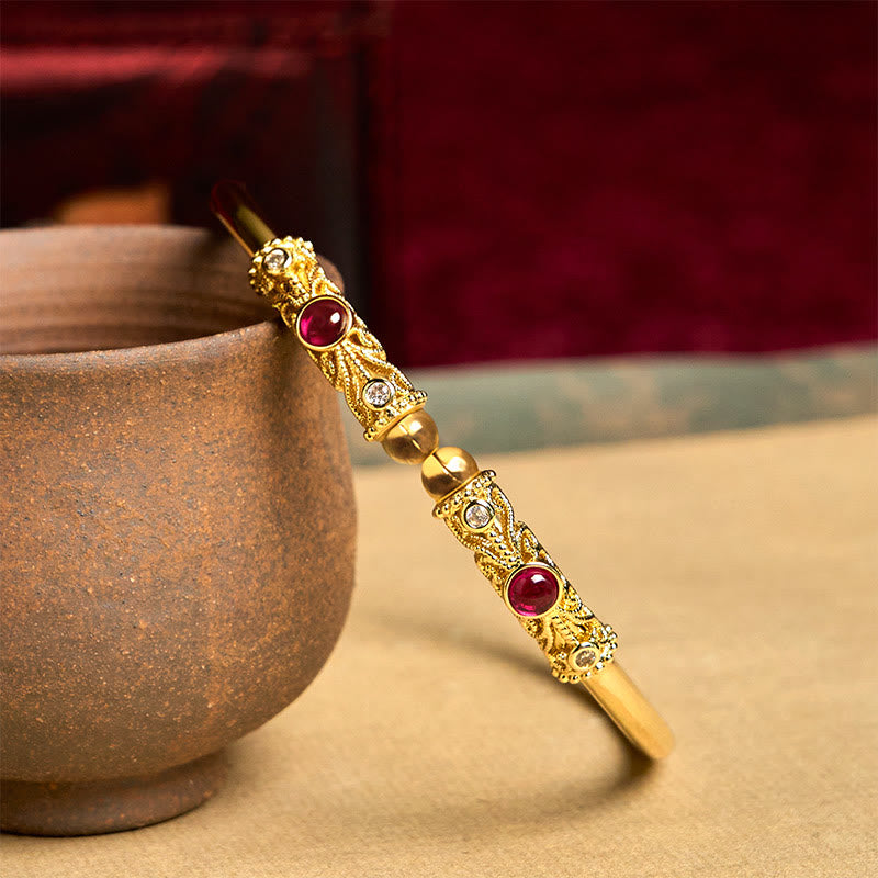 Golden Flower Pattern Red Zircon Amber Copper Luck Cuff Bracelet Bangle