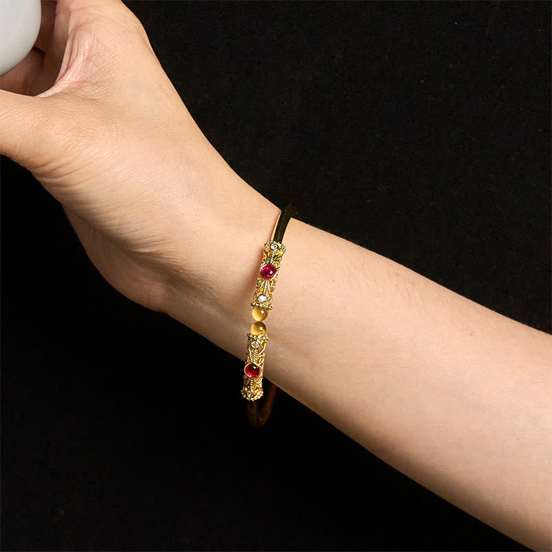Golden Flower Pattern Red Zircon Amber Copper Luck Cuff Bracelet Bangle