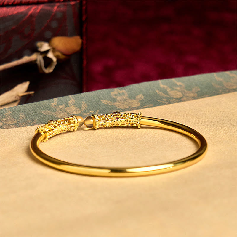 Golden Flower Pattern Red Zircon Amber Copper Luck Cuff Bracelet Bangle