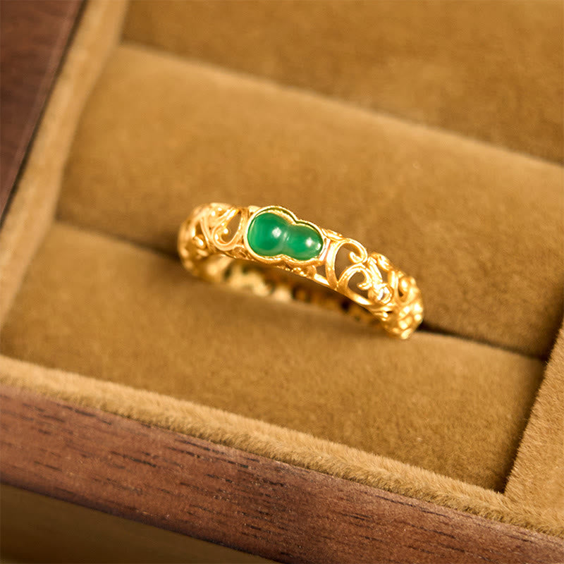 Vintage Gourd Green Chalcedony Copper Alloy Wealth Ring