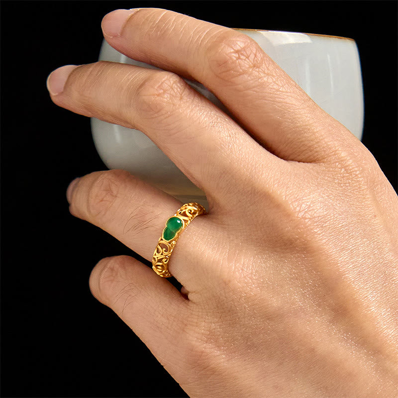 Vintage Gourd Green Chalcedony Copper Alloy Wealth Ring