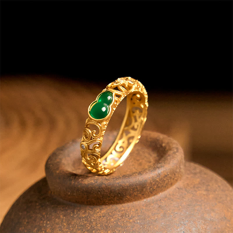 Vintage Gourd Green Chalcedony Copper Alloy Wealth Ring