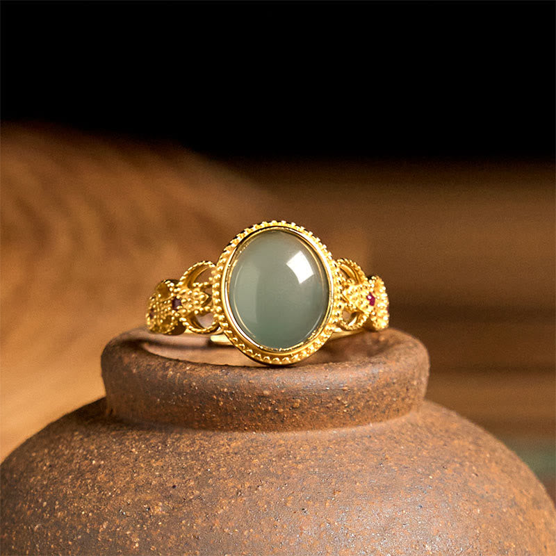 Natural Jade and 925 Sterling Silver Gold Plated Hollow Design Ring