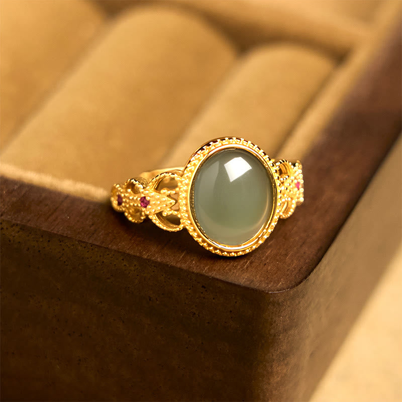 Natural Jade and 925 Sterling Silver Gold Plated Hollow Design Ring