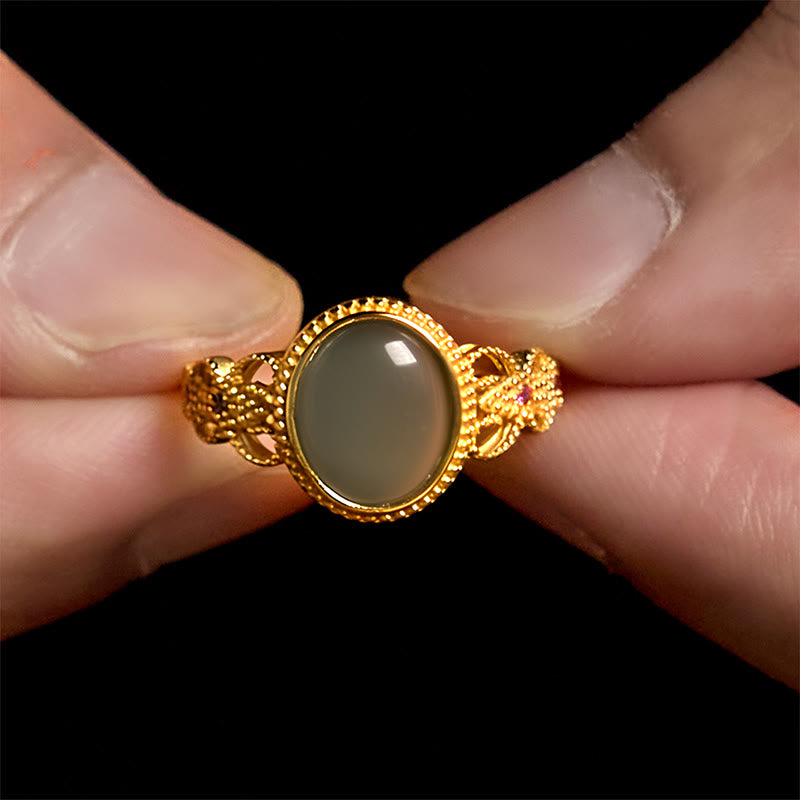 Natural Jade and 925 Sterling Silver Gold Plated Hollow Design Ring