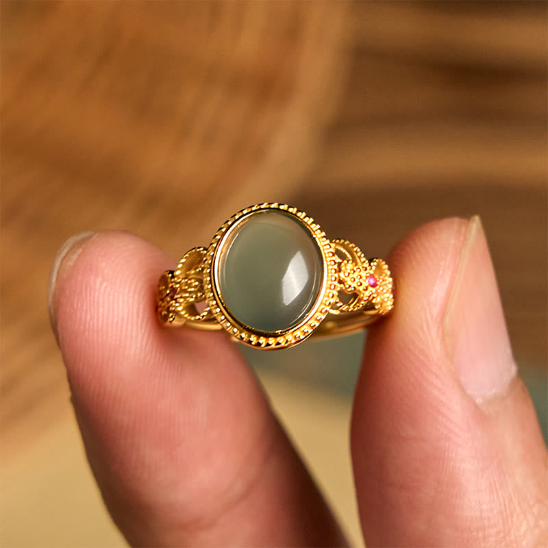 Natural Jade and 925 Sterling Silver Gold Plated Hollow Design Ring