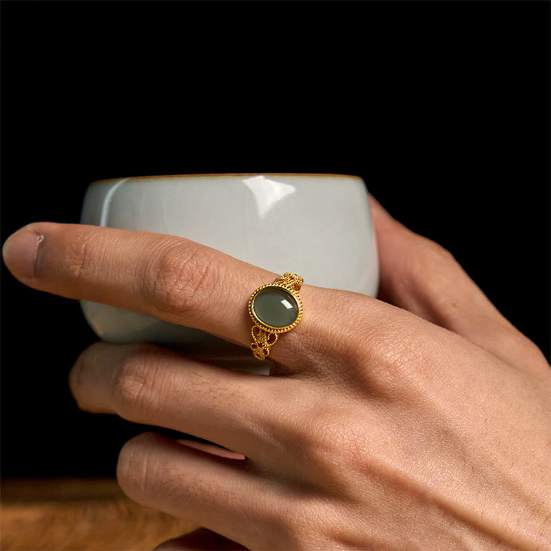 Natural Jade and 925 Sterling Silver Gold Plated Hollow Design Ring