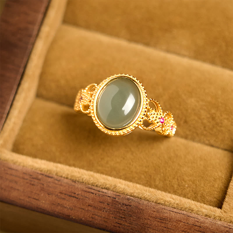 Natural Jade and 925 Sterling Silver Gold Plated Hollow Design Ring