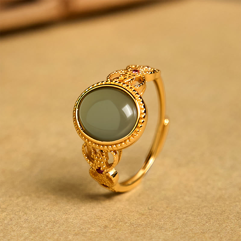 Natural Jade and 925 Sterling Silver Gold Plated Hollow Design Ring