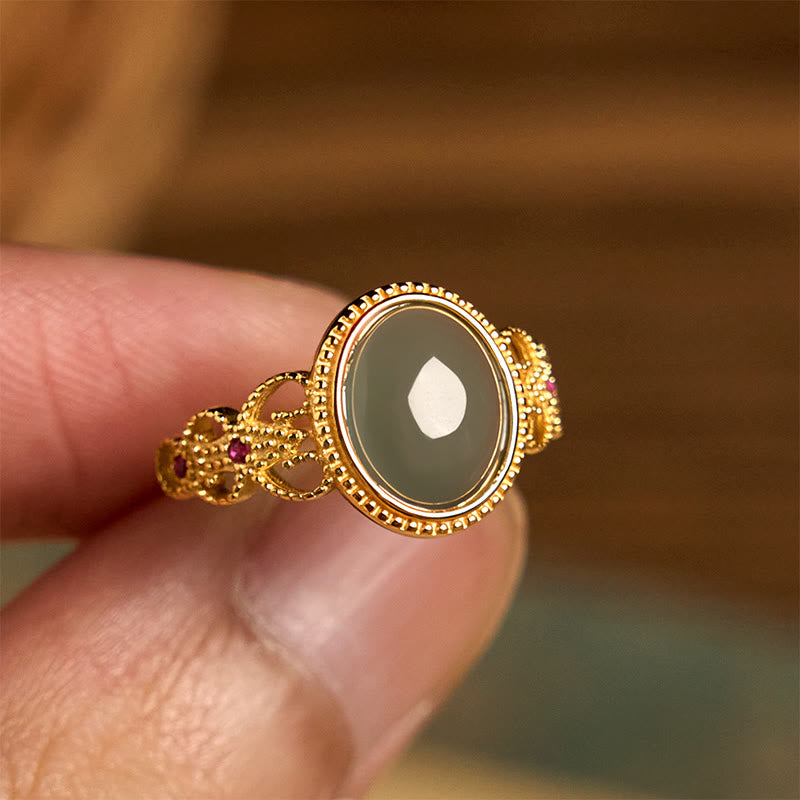 Natural Jade and 925 Sterling Silver Gold Plated Hollow Design Ring
