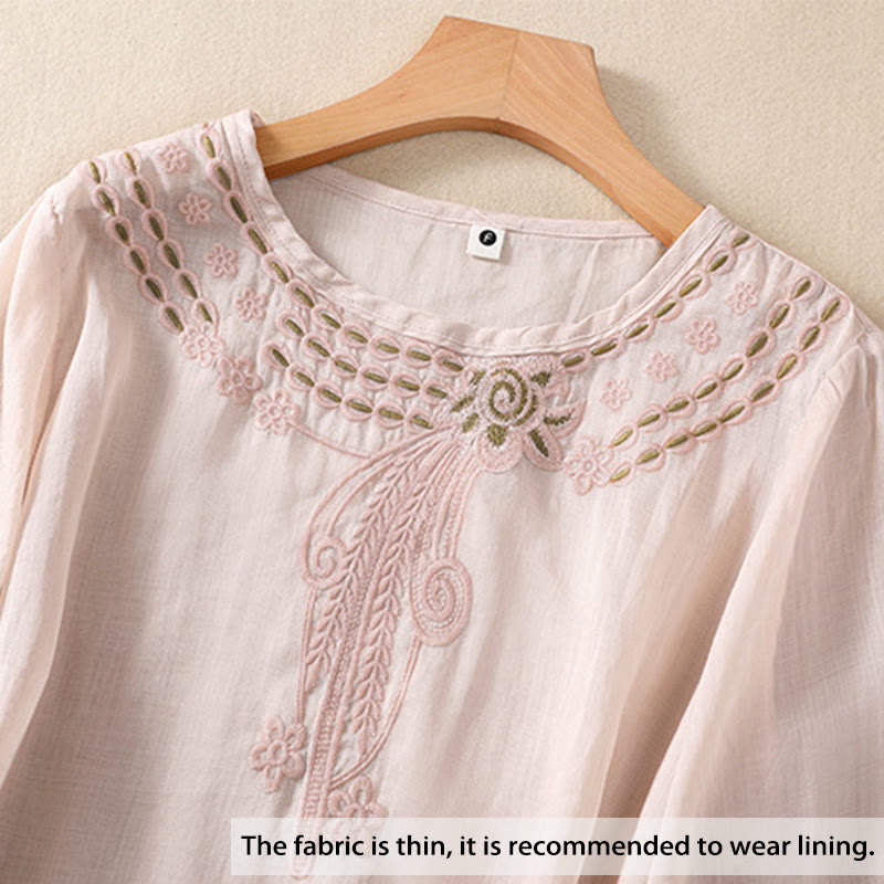 Women's Crew Neck Hollow Design Half Sleeve Cotton Linen Shirt