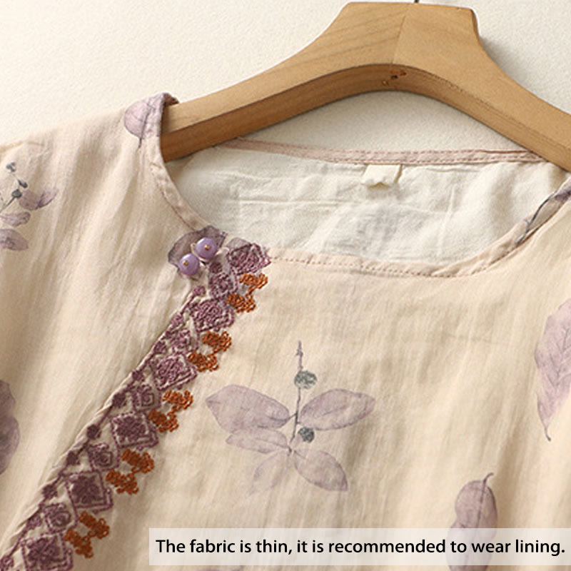 Embroidery Design Leaves Women's Cotton Linen Three Quarter Sleeve Shirt