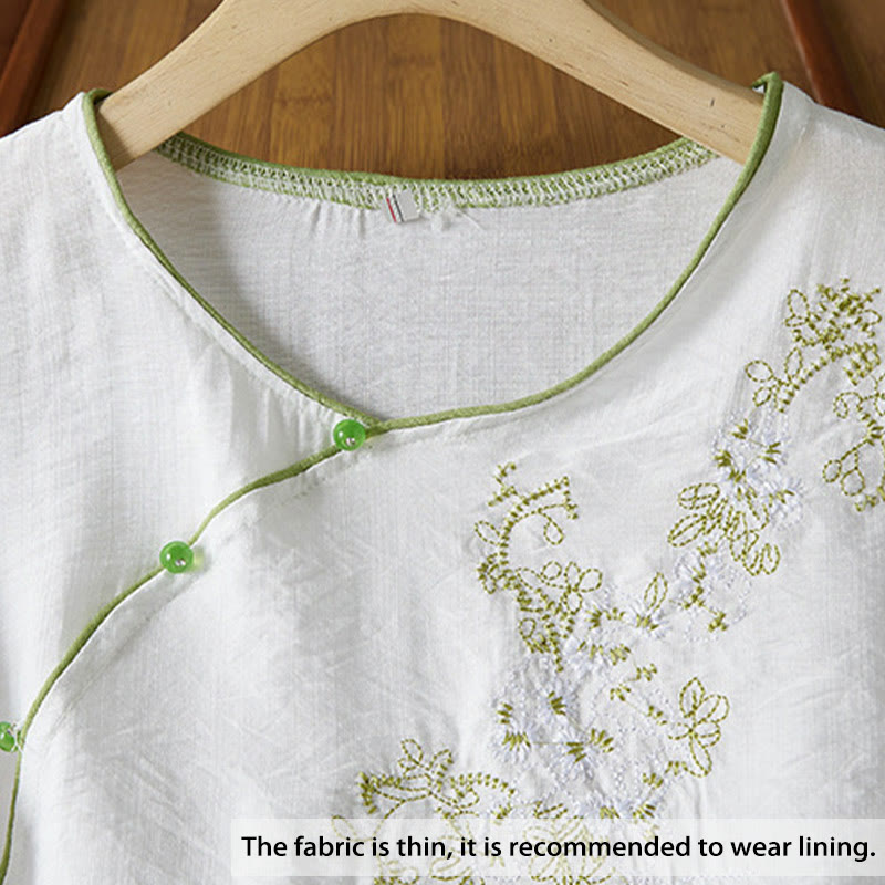 Casual Women's Flowers Embroidery Pattern Frog-button Slanted Collar Design Three Quarter Sleeve Cotton Linen Shirt