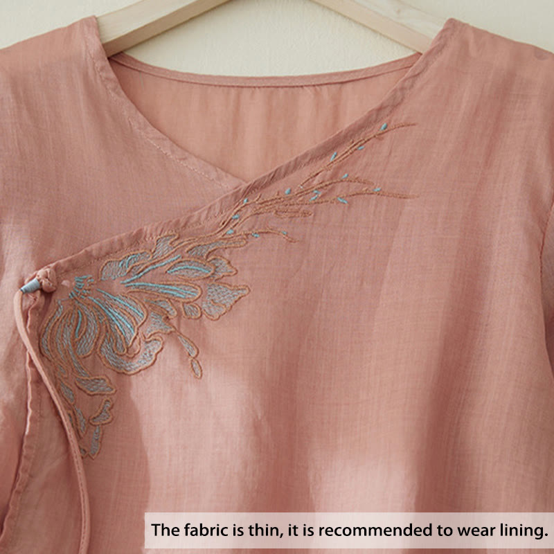 Casual Women's Embroidery Plants Design Three Quarter Sleeve Cotton Linen Shirt