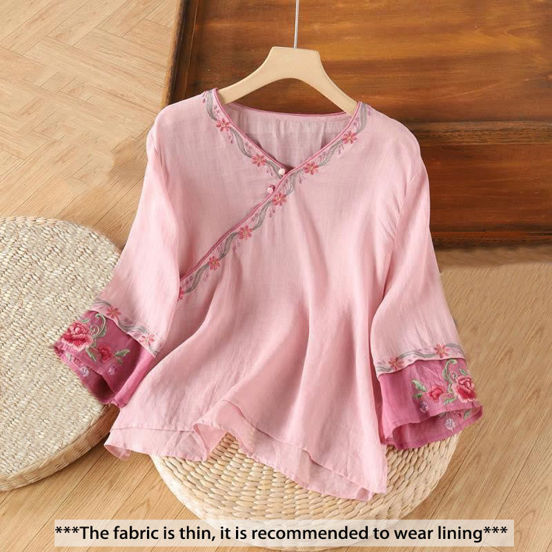Spring Retro Embroidery Button Design Three Quarter Sleeve Women's Cotton Shirt