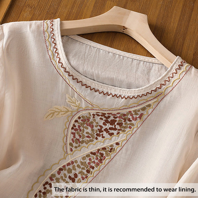 Ethnic Embroidery Crew Neck Cotton Linen Pullover Clothing