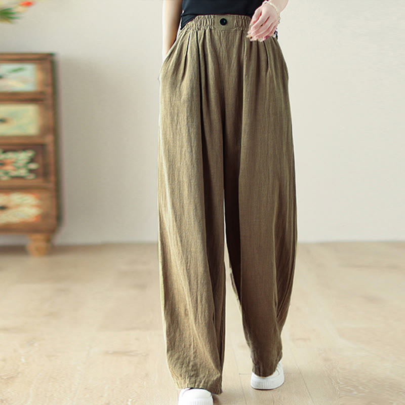 Commute Button Design Women's Cotton Linen Elastic Waistband Pants With Pockets