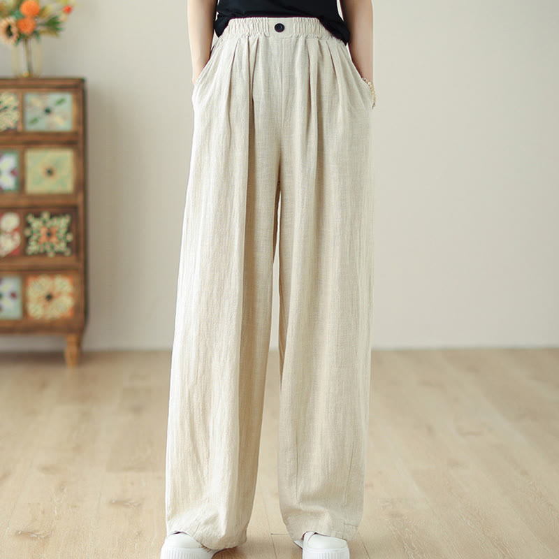 Commute Button Design Women's Cotton Linen Elastic Waistband Pants With Pockets