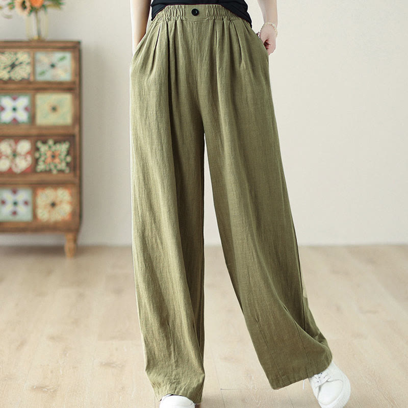 Commute Button Design Women's Cotton Linen Elastic Waistband Pants With Pockets