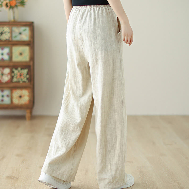 Commute Button Design Women's Cotton Linen Elastic Waistband Pants With Pockets