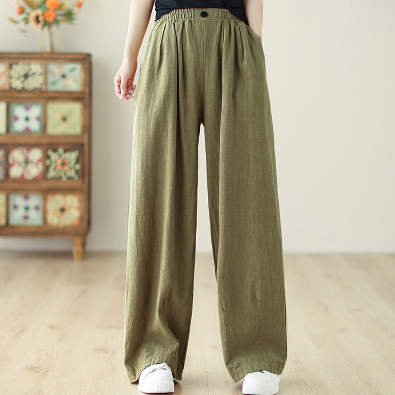 Commute Button Design Women's Cotton Linen Elastic Waistband Pants With Pockets