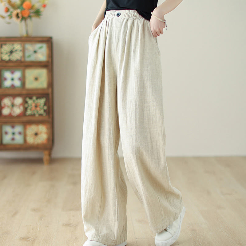 Commute Button Design Women's Cotton Linen Elastic Waistband Pants With Pockets