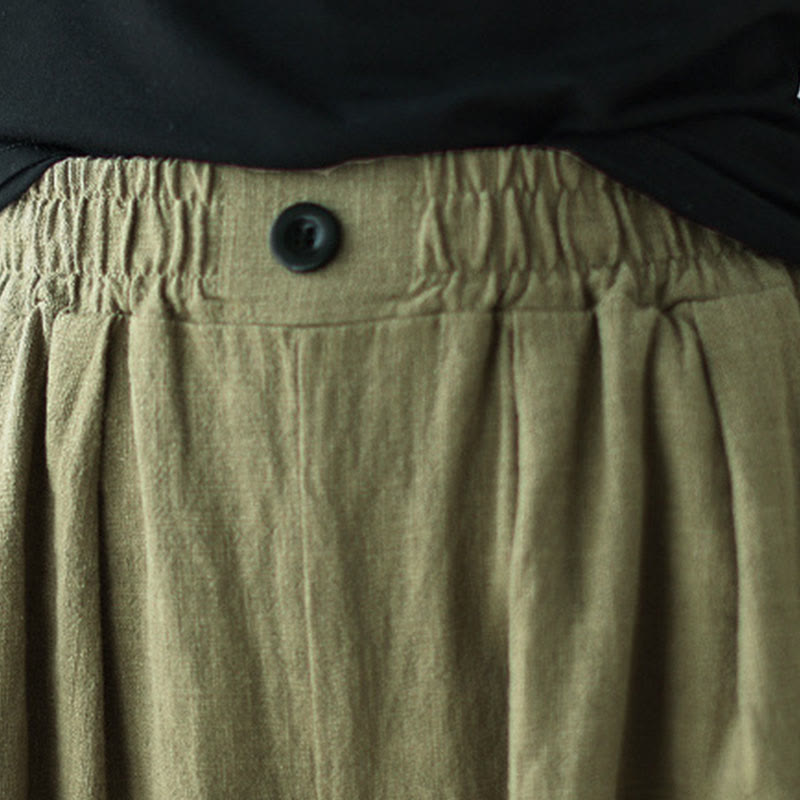 Commute Button Design Women's Cotton Linen Elastic Waistband Pants With Pockets