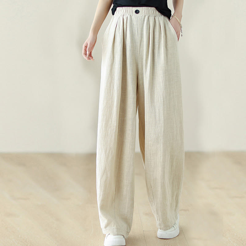 Commute Button Design Women's Cotton Linen Elastic Waistband Pants With Pockets