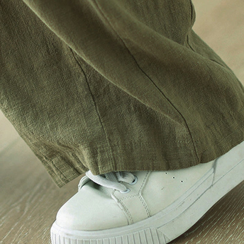 Commute Button Design Women's Cotton Linen Elastic Waistband Pants With Pockets
