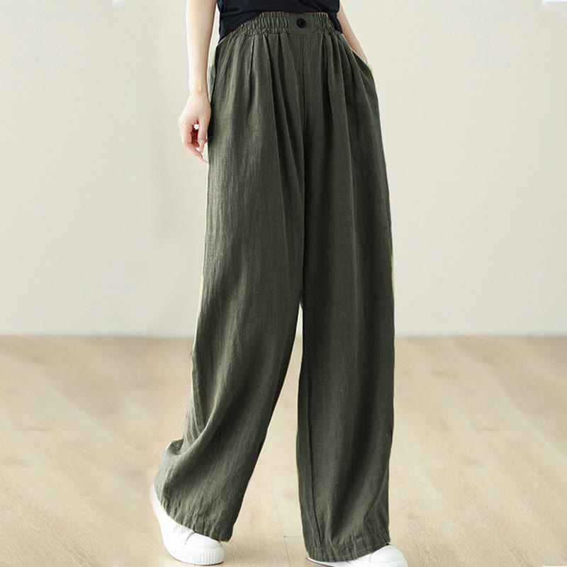 Commute Button Design Women's Cotton Linen Elastic Waistband Pants With Pockets