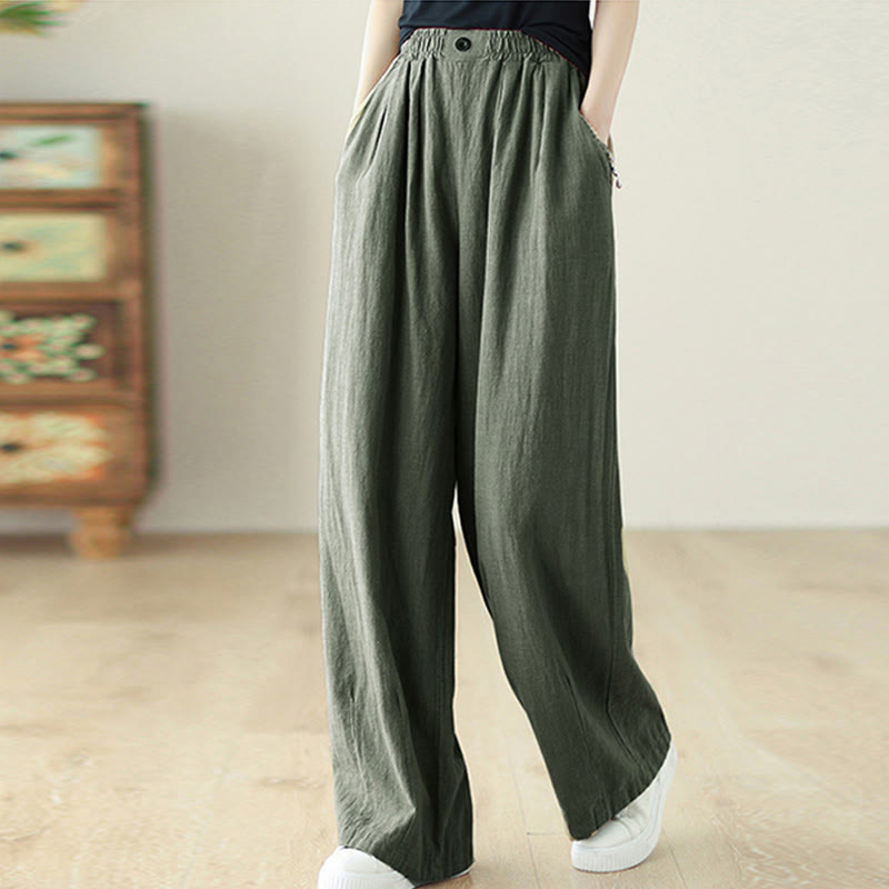 Commute Button Design Women's Cotton Linen Elastic Waistband Pants With Pockets