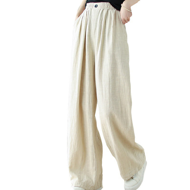 Commute Button Design Women's Cotton Linen Elastic Waistband Pants With Pockets