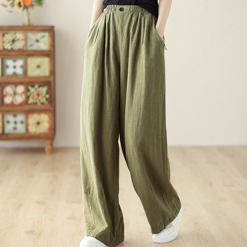 Commute Button Design Women's Cotton Linen Elastic Waistband Pants With Pockets