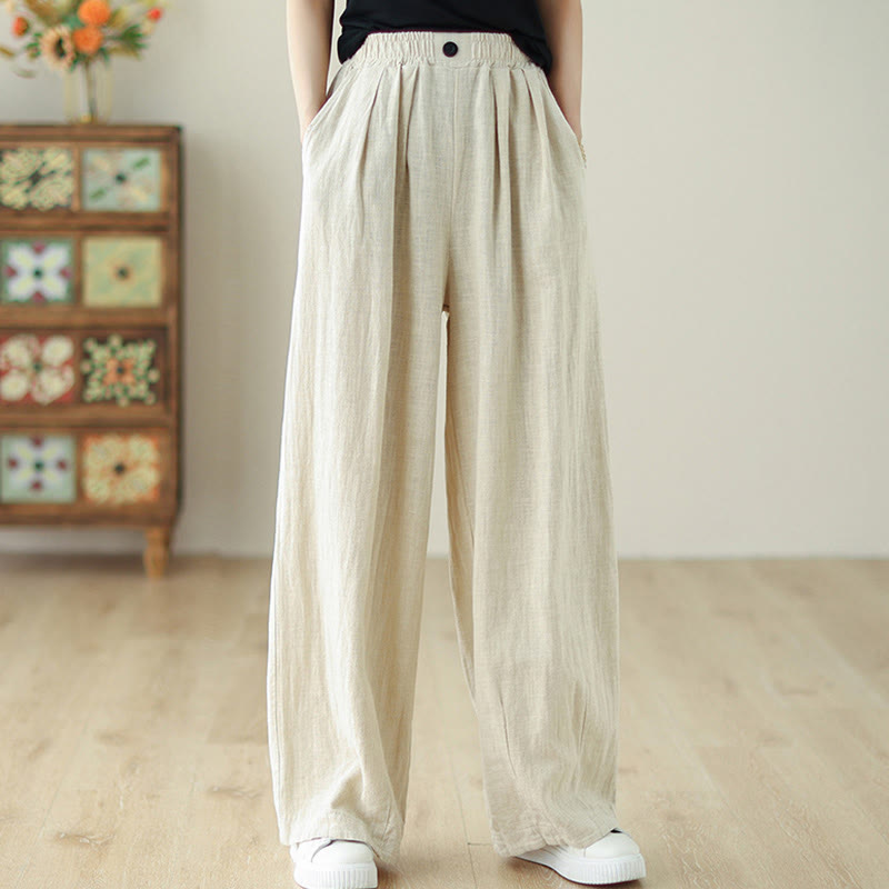 Commute Button Design Women's Cotton Linen Elastic Waistband Pants With Pockets