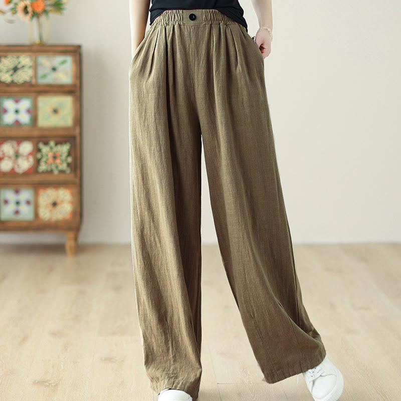 Commute Button Design Women's Cotton Linen Elastic Waistband Pants With Pockets