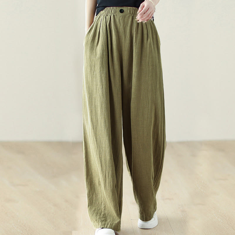 Commute Button Design Women's Cotton Linen Elastic Waistband Pants With Pockets