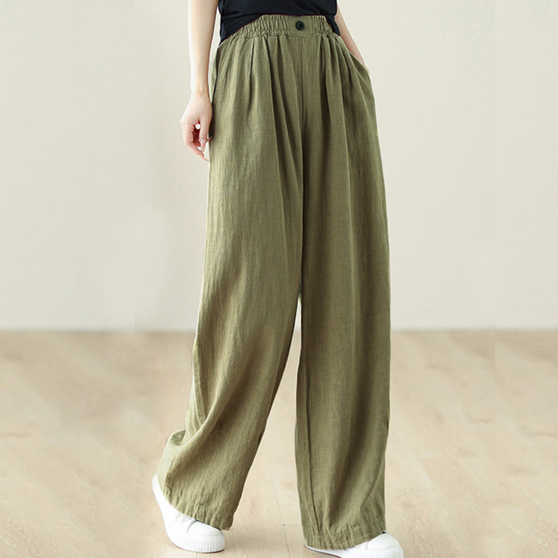 Commute Button Design Women's Cotton Linen Elastic Waistband Pants With Pockets