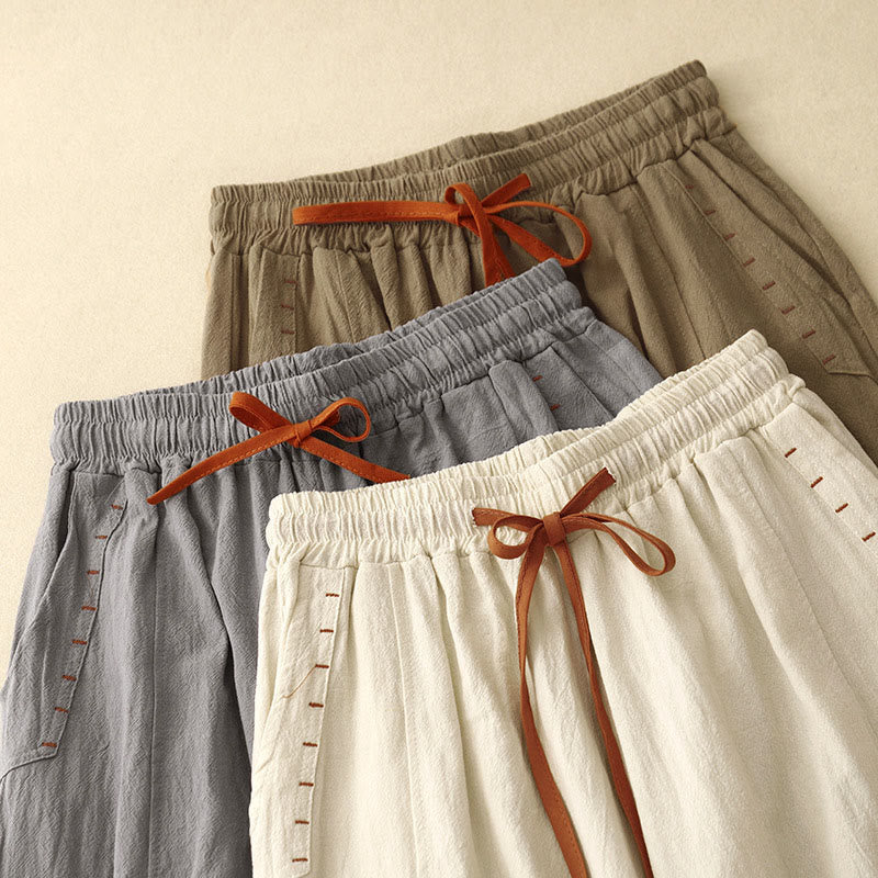 Casual Side Slits Design Cotton Women's Wide Leg 7-8 Length Pants With Pockets